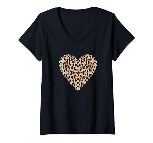 Coole Herz Trendy Leopard Print Kleidung T-Shirt mit V-Ausschnitt