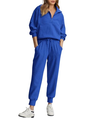 Reviews y listado de Chandal Francia los diez mejores. 33 BTFBM - Conjunto de chándal de 2 piezas para mujer, de manga larga, con media cierre, conjunto de sudadera para descansar, Azul Rey Sólido, X-Large