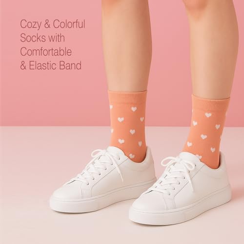Image of Women's Cute Heart Pattern Crew Socks - 3 Pairs Colorful Novelty Gift Set - Soft Cotton Cozy Socks for Casual Wear