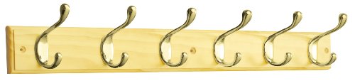 Liberty Hardware RPLR6DJ-PNB-L1 27-Inch 6 Heavy Duty Coat and Hat Hook Rail, Pine and Polished Brass