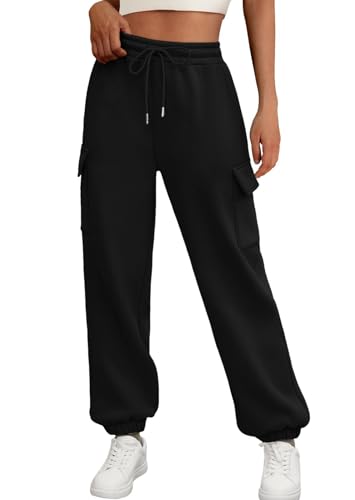 JFAN Pantalones de chándal para Mujer Invierno Pantalón Deportiva con Forro Polar Termico Pantalón Jogger con Bolsillos y Cordón Negro L