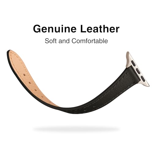 Image of STIROLL Slim Leather Bands Compatible with Apple Watch Band 38mm 40mm 41mm 42mm(Series 11 10), Top Grain Leather Watch Thin Wristband for iWatch SE 9 8 7 6 5 4 3 2 1 (Black Starlight)