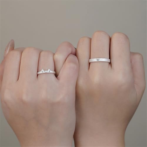 Cute Cat Dog Matching Ring for Him and Her Puppy Pet Kitten Animal Sterling Silver 999 Rings Wedding Open Couples Eternity Promise Bands Sets Jewelry3