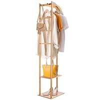 CROWNSHOP Coat Stand Rack Bamboo Corner Coat Rack Clothing Rack 155Cm Clothes Rails for Bedroom Stand Hall Trees Free Standing Hanging Rail Garment Rack With 2 Shelves 3 Hanger Hooks and Pants Hanger