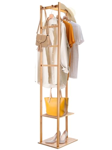 CROWNSHOP Coat Stand Rack Bamboo Corner Coat Rack Clothing Rack 155Cm Clothes Rails for Bedroom Stand Hall Trees Free Standing Hanging Rail Garment Rack With 2 Shelves 3 Hanger Hooks and Pants Hanger