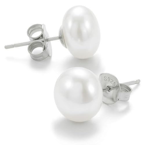 LILY FLOWER JEWELRY Pendientes Perla Mujer Tipo Botón 6 mm, Plata de Ley 925, Perlas Cultivadas de Agua Dulce, Hipoalergénicos, Baño de Rodio, Cierre Mariposa, Regalo para Mujer y Dia de la Madre