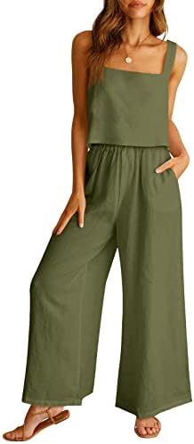 AUTOMET Women 2 Piece Outfits Lounge Matching Sets Linen Crop Top Wide Leg Pants Tracksuits with Pockets