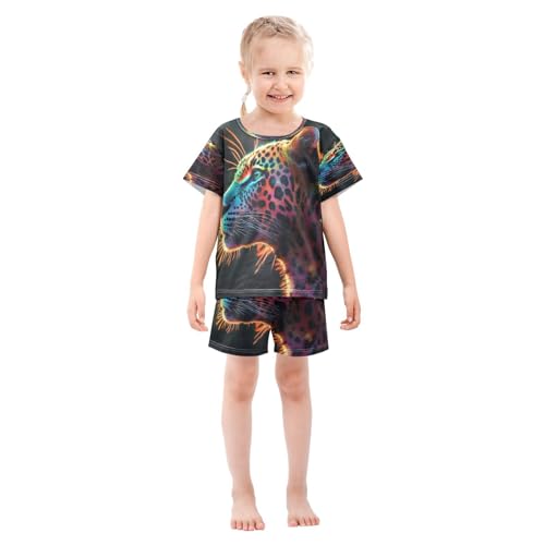 ALAZA Rainbow Color Leopard Pajamas Set Short Sleeve Cotton Sleepwear Summer Pjs 2 Piece 5-14Y3