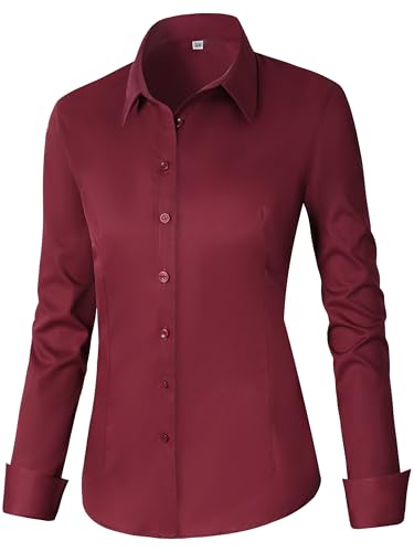 CUNLIN Burgundy Wine red Button up Shirt Women Collared Blouse for Woman Western Long Sleeve Dress Shirts Maroon Womens Down Women's Blouses Tops Dark Burgundy M