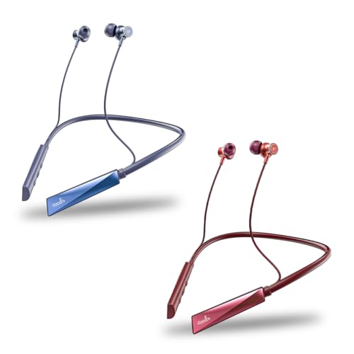 Image of Voods Ultra Voice Changer Neckband Combo with 5 Voice Modes, 30H Battery, Magnetic Earbuds with Vibration Alert, Dual Pairing, Fast Charging, IPX6 Sweatproof (Blue & Red)