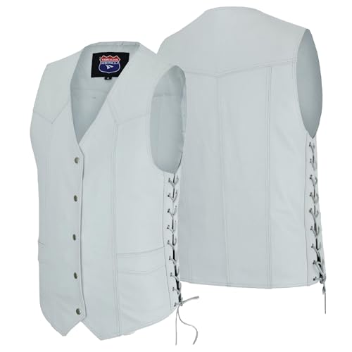 White Mens Genuine Leather 7 Pockets Motorcycle Biker Club Vest White SOA