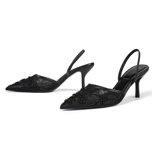 Image of Fashion Mesh Slingback Pumps Shoes for Women Ankle Strap Pointed Toe Pumps
