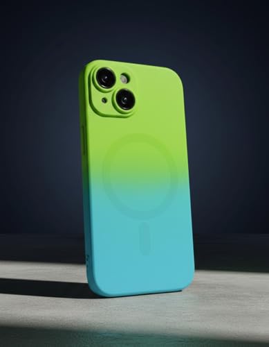 Image of amazon basics Gradient Mag-Safe Case for iPhone 14 | Soft Silicone Shockproof Cover with Camera Protection | Slim Lightweight Design | Smooth Touch & Durable - Green & Blue