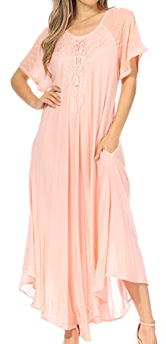 Image of Sakkas Egan Long Embroidered Caftan Dress /Cover Up with Embroidered Cap Sleeves
