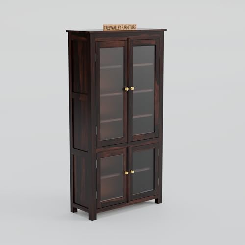 Image of Solid Sheesham Wood Crockery Cabinet with 4 Acrylic Glass Doors | Wooden Wardrobe Kitchen Cabinet with 6 Shelves Storage | Bookcase for Living Room, Bedroom & Office | Walnut Finish