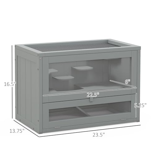 PawHut 2-Level Hamster Cage Mice and Rat House, Small Animal Habitat for Guinea Pigs, Chinchillas with Openable Top, Front Door, Shelf and Ladder, Gray - Thumbnail 5