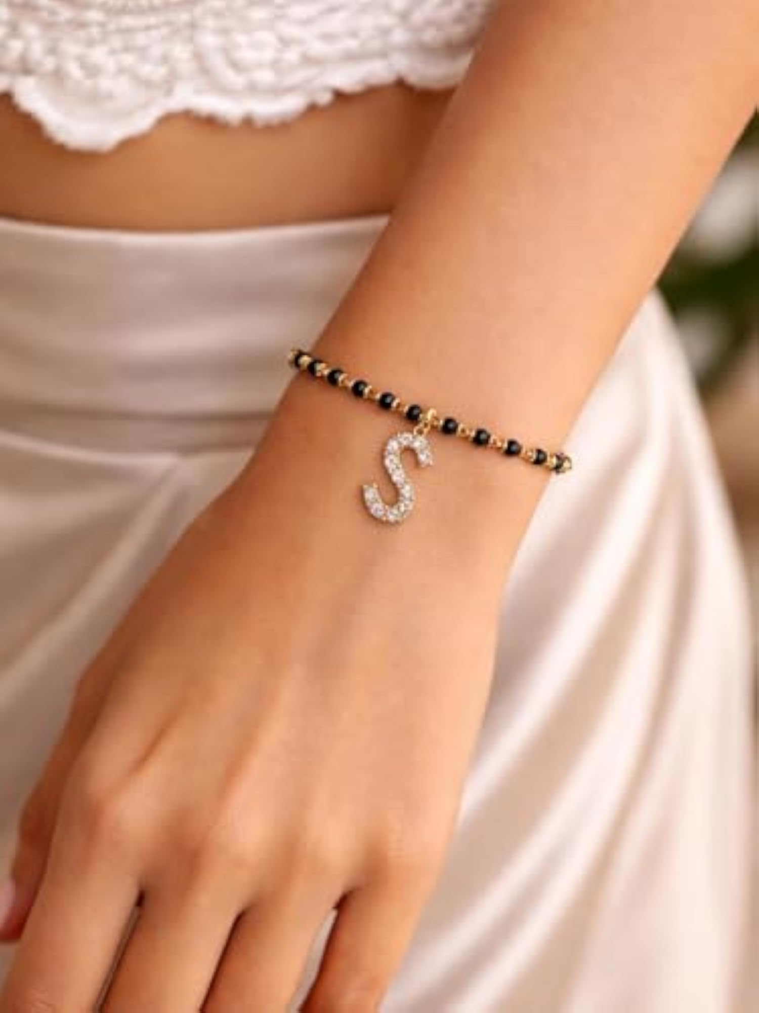 S Letter Alphabet Gold Plated Mangalsutra Bracelet, Adjustable