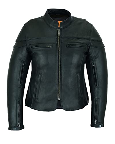 Vance Leather USA Women's Black Waxed Soft Cowhide Leather Sporty Scooter Crossover Biker Motorcycle Riding Jacket (Medium)