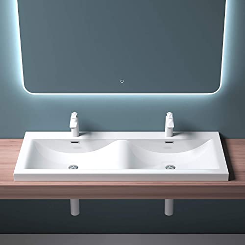 Mai & Mai Einbau-Waschbecken Waschtisch 2 Becken Mineralguss rechteckig 2 Armaturenlöcher Überlauffunktion BxTxH 120x48x12 cm Col03