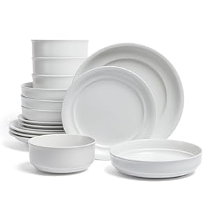 over&back Rim Dinnerware Set – Stoneware Dishes – Comes with 4 Dinner Plates, Salad Plates, Cereal Bowls, and Dinner Bowls – 16-Piece All-Occasion Place Settings – Serves Four – Semi-Matte White