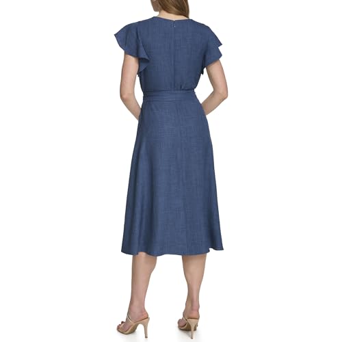 Image of DKNY Women's Flutter Sleeve Tie Fit & Flare Midi Dress