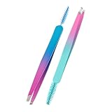 OKUMEYR Pinzette Spazzola in Inossidabile Acciaio Sopracciglia 2 e per Pezzi con Integrata, Set Portatile Strumento per Modellare e Curare Trucco Professionale e Uso Domestico