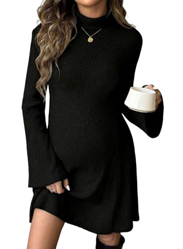 BLENCOT Maternity Sweater Dress High Stretch Rib Knit Mock Neck