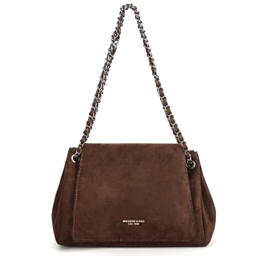 PARAURORA Bolsa de ombro de camurça despojada para mulheres, bolsa tiracolo moderna de camurça sintética macia franzida, bolsa de mão nas axilas, Marrom, Medium