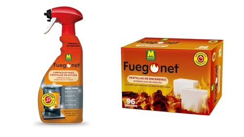 Pack Fuego: Limpiador para Cristales de Estufas 750ml + Pastillas de Encendido Blancas 96 Unidades. Ideal para chimeneas, Estufas, barbacoas...Sin Olor. Larga duracion