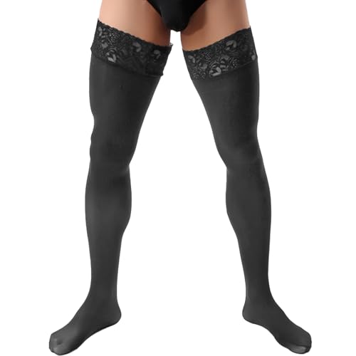 BLESO Mens Thigh High Stockings Over Knee Lace Top Thick Warm Silicone Antiskid Long Socks for Men Sissy Fishnet silly Style