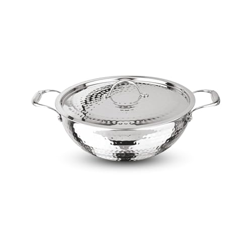 Image of Signoraware Artista Tri Ply Stainless Steel Hammered Shallow Kadhai 26cm with Lid | Gas & Induction Compatible | Stylish Indian Kadhai for Healthy Meal | Ideal for Daily Cooking (4 LTR | Steel)