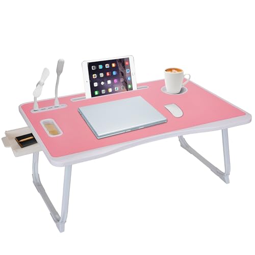 Stolik do łóżka na laptopa, składany stolik na laptopa z portem ładowania USB, uchwyt, przegródka na karty, uchwyt na kubek, szuflada boczna, przenośny stolik pod laptopa do jedzenia, czytania i pracy