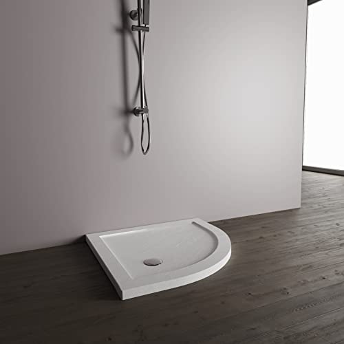 Piatto Doccia 80X80Cm Semicircolare Altezza 4Cm Effetto Pietra Bianco Acrilico Bordato Piletta Di Scarico Inclusa Mod. Petra - 2