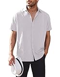 COOFANDY Men's Guayabera Premium Lightweight Embroidered Pleated Cuban Shirt A-White