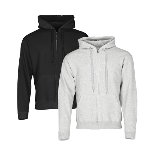Fruit of the Loom Pack of 2 Classic Hooded Sweat Jacket Men's Hooded Sweatshirt Jacket Hoodie + Free Web-Textilien24 Fabric Bag - S M L XL XXL 3XL 4XL 5XL - Various Colour Sets, Black + Heather Grey