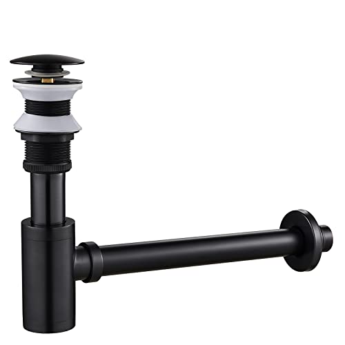 KINKIBOS Designer Siphon with Pop-Up Valve Drain Fitting for Sink, Siphon 1 1/4 Inch Brass Drain Fitting Drain for Bathroom, Odour Trap Including Seals, Black Retro