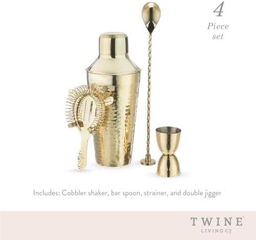 Twine 4-Piece Gold Hammered Cocktail Shaker Set Includes Cobbler Shaker, Strainer, Jigger, Bar Spoon for Classic Cocktails, Mixed Drinks, Cold Brew, Home Bar Tools, Bartender Kit, Bar Cart Accessories - Thumbnail 4