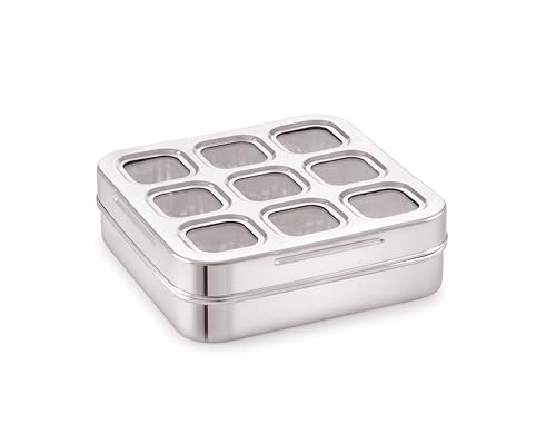Image of Tosaa Stainless Steel Plain Masala (Spice) Box /Dabba /Organiser With See Through Lid With 9 Containers (14)
