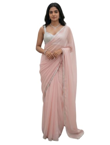 Image of FREE SPIRIT Women's Jimmi Choo Saree with Unstitched Blouse Piece Lace Border and Solid Pattern | Indian Saree for Women | Fancy Designer Sarees | Premium Saree for Womans