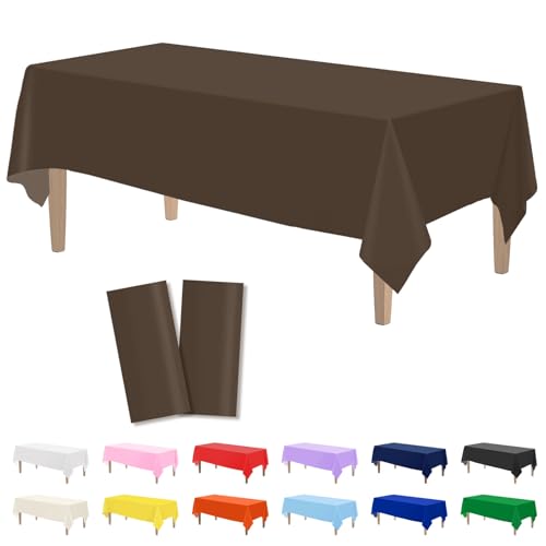 Image of Kopokita 2 Pack Brown Plastic Tablecloths Disposable 54 x 108 Inch | Harvest Fall Rectangle Table Cloths, Tan Party Table Covers for Birthday, Halloween, Thanksgiving Decorations