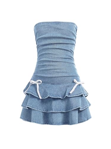 Robe en jean froncée sans bretelles pour fille avec nœud Floerns