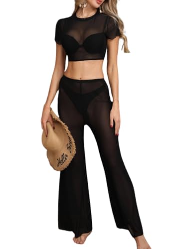 Verdusa Women's 2 Piece Sheer Mesh Bikini Cover Up Sets Crop Top and Wide Leg Pants