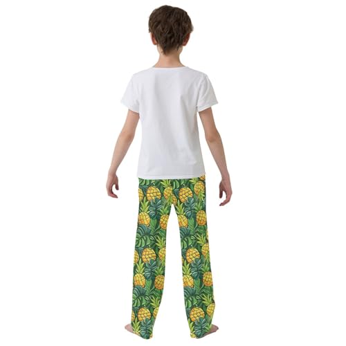 ALAZA Tropical Leaves Cartoon Pineapple Pajamas Bottoms with Pockets Comfy Pjs Sleepwear Elastic Waistband Pajamas Pants Lounge Pants for 6-14 Years3