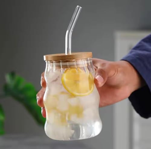 Image of SUANI Wave Shape Glass Tumbler with Lid and Straw, 500ml Transparent Drinking Glass Cup for Iced Coffee, Cold Coffee, Juice, Smoothies, Milk, Tea and Beverages, Tumbler Glass, Pack of 2