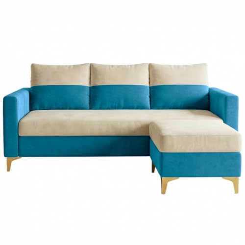 Image of FURNY Canvora 4 Seater L Shape Sofa Set with Movable Ottoman | Flexible Left or Right Layout | Plush Velvet Fabric (Cream-Aqua Blue) | Perfect for Living Room, Guest Room & Office