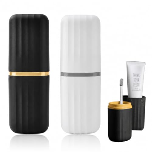 Image of QONETIC Travel Tooth Brush Holder for Bathroom Square Toothbrush Holder for Travel, Portable Toothbrush Case & Tooth Brush Cover Box Organizer for Traveling, Camping, & Business Trips (Black + White)