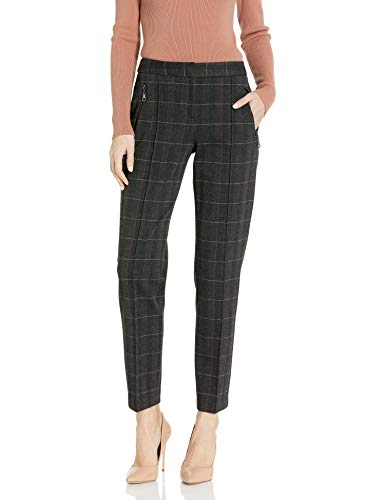 Tahari ASL Women's Pin Tuck Pant with Zipper Pockets, Black Cognac Plaid, 14