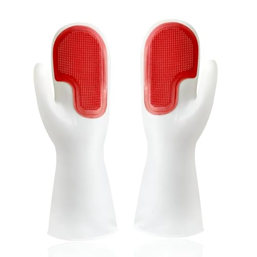 Image of UCRAVO Silicone Dishwashing Scrubber Gloves with Built-in Bristles, Reusable Kitchen Cleaning Gloves, Heat Resistant Silicone Dish Washing for Dishes, Sink, Bathroom, Car Washing & Household Cleaning