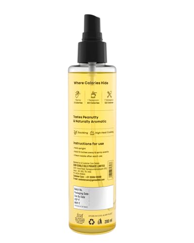 Image of Gem's Gold Cold pressed Groundnut Cooking Oil 200 ml | Reusable Spray Helps Consume 90% lesser Oil | Peanut Oil | Marachekku, Chemical Free, Kacchi Ghani, Chekku | Ideal for Dosa, Paratha, Amlet & Air frying