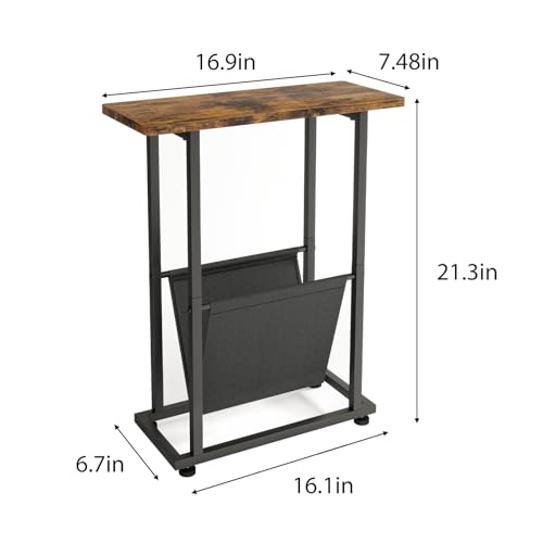 Fixwal Narrow Side Table, Nightstand with Storage Shelf, Slim Magazine Table for Small Spaces, Narrow Side Snack Couch, End Table for Living Room, Bedroom, Hallway, Rustic Brown